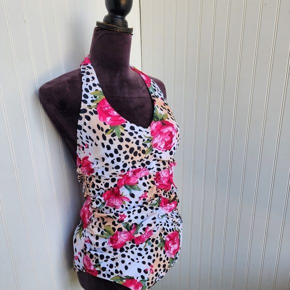 NWOT NOON SWIM Women's Ruched Halter 1 Piece Swimming Suit Leopard Floral Sz 18 - Picture 2 of 15